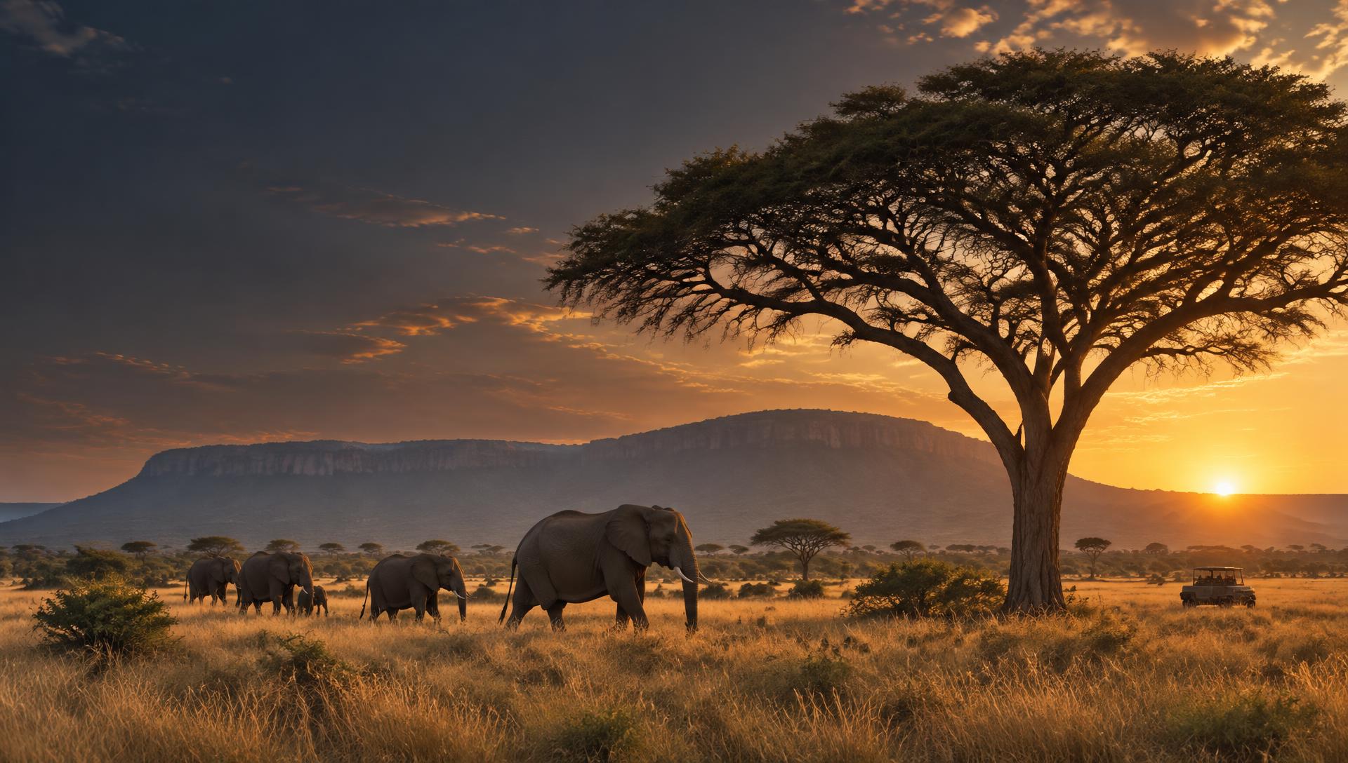 Elephants crossing the Southern African savannah at sunset